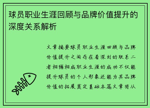 球员职业生涯回顾与品牌价值提升的深度关系解析