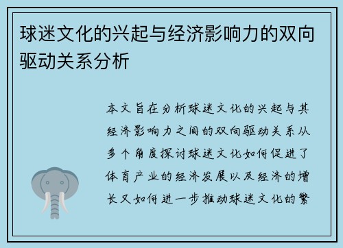 球迷文化的兴起与经济影响力的双向驱动关系分析